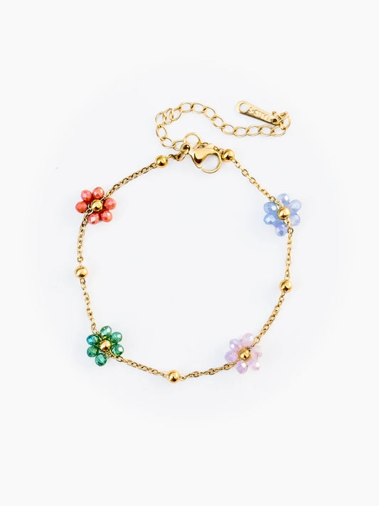 Gold chain bracelet with multicolor beaded flower charms, Flora Bloom Bracelet by Sparkle Studio.