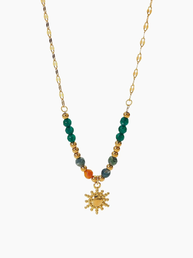 Gold beaded chakra necklace with green and orange gemstones and sun charm, Solenne Chakra Necklace by Sparkle Studio.