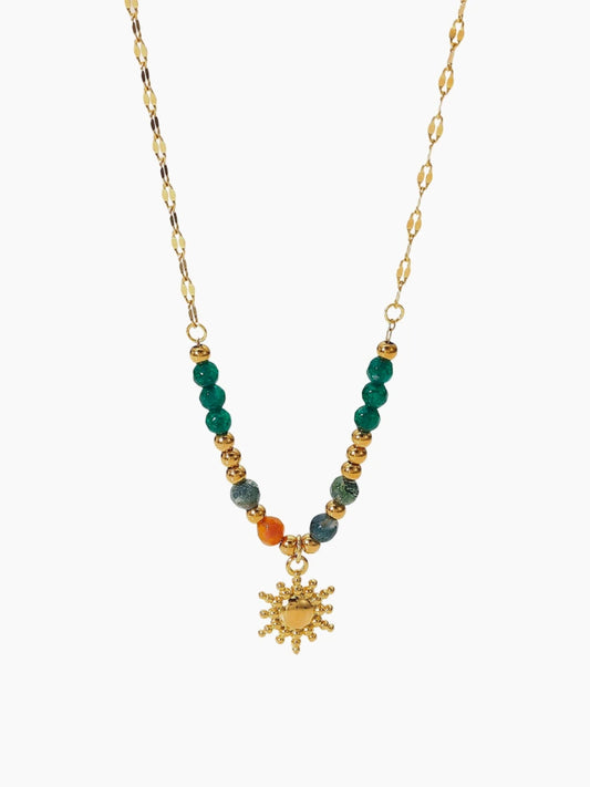 Gold beaded chakra necklace with green and orange gemstones and sun charm, Solenne Chakra Necklace by Sparkle Studio.