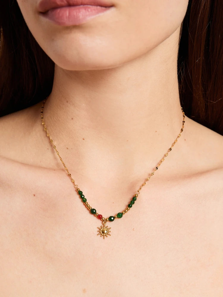 Gold beaded chakra necklace with green and orange gemstones and sun charm, Solenne Chakra Necklace by Sparkle Studio.